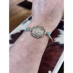Kingman Turquoise Buffalo Nickel And Sterling Silver Cuff Bracelet Handmade New